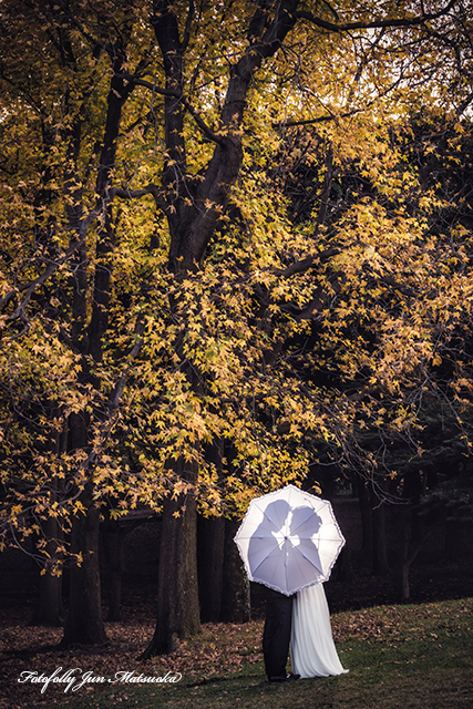 横浜前撮り　秋らしいブライダルフォト　クラシック写真　ウエディング前撮り　傘越しシルエット　