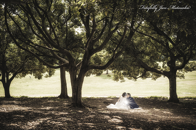 結婚式前撮り　横浜での前撮り　ブライダルフォト　根岸森林公園　森林の中に座ってシルエット