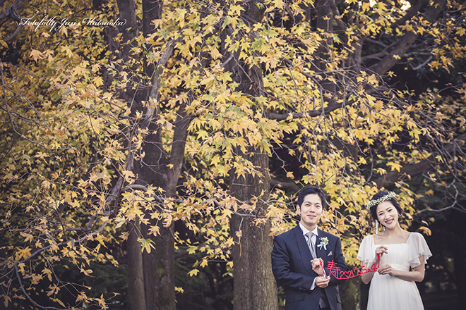 結婚式前撮り　横浜での前撮り　ブライダルフォト　根岸森林公園　紅葉と