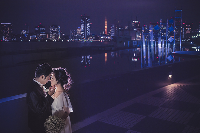 結婚式前撮り　横浜での前撮り　ブライダルフォト　晴海埠頭夜景