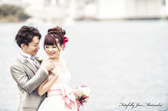 結婚式前撮り　横浜での前撮り　ブライダルフォト　お台場　海を背景に