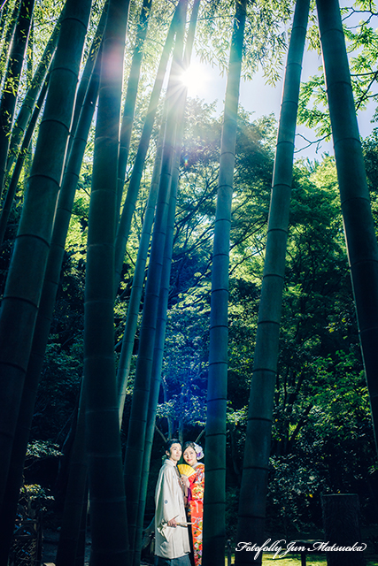 和装前撮り　フォトウエディング　写真だけの結婚式　三渓園で前撮り　横浜で和装前撮り　色打掛　三渓園の竹林