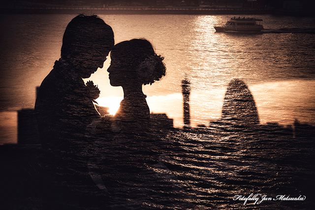 ドレス前撮り　横浜前撮り　前撮りカメラマン　フォトウエディング　レトロな写真　大桟橋　横浜を背景　シルエット