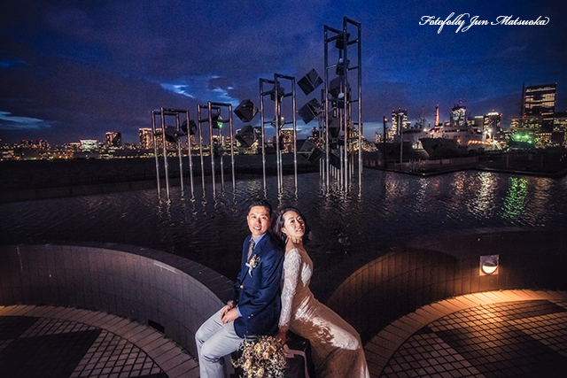 東京　ウェディングフォト　都内前撮り　ドレス前撮り　前撮りウェディングカメラマン　フォトウエディング　晴海埠頭　夜景　撮り下ろし