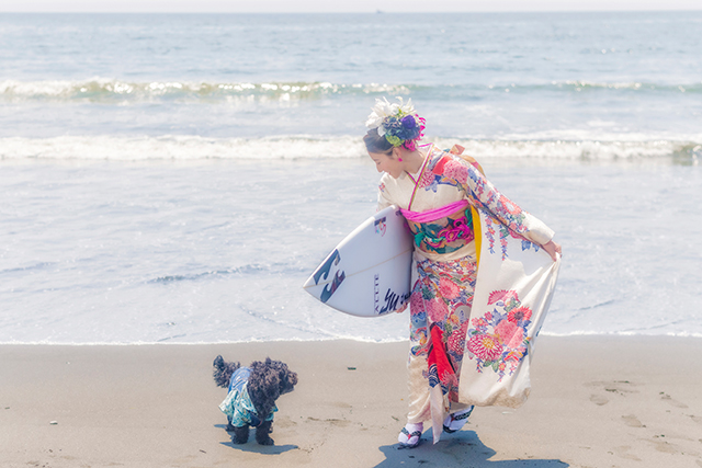 成人式　前撮り　茅ヶ崎　ロケーションフォト　海で成人式前撮り　プアマナ　愛犬と撮る　サーフバード